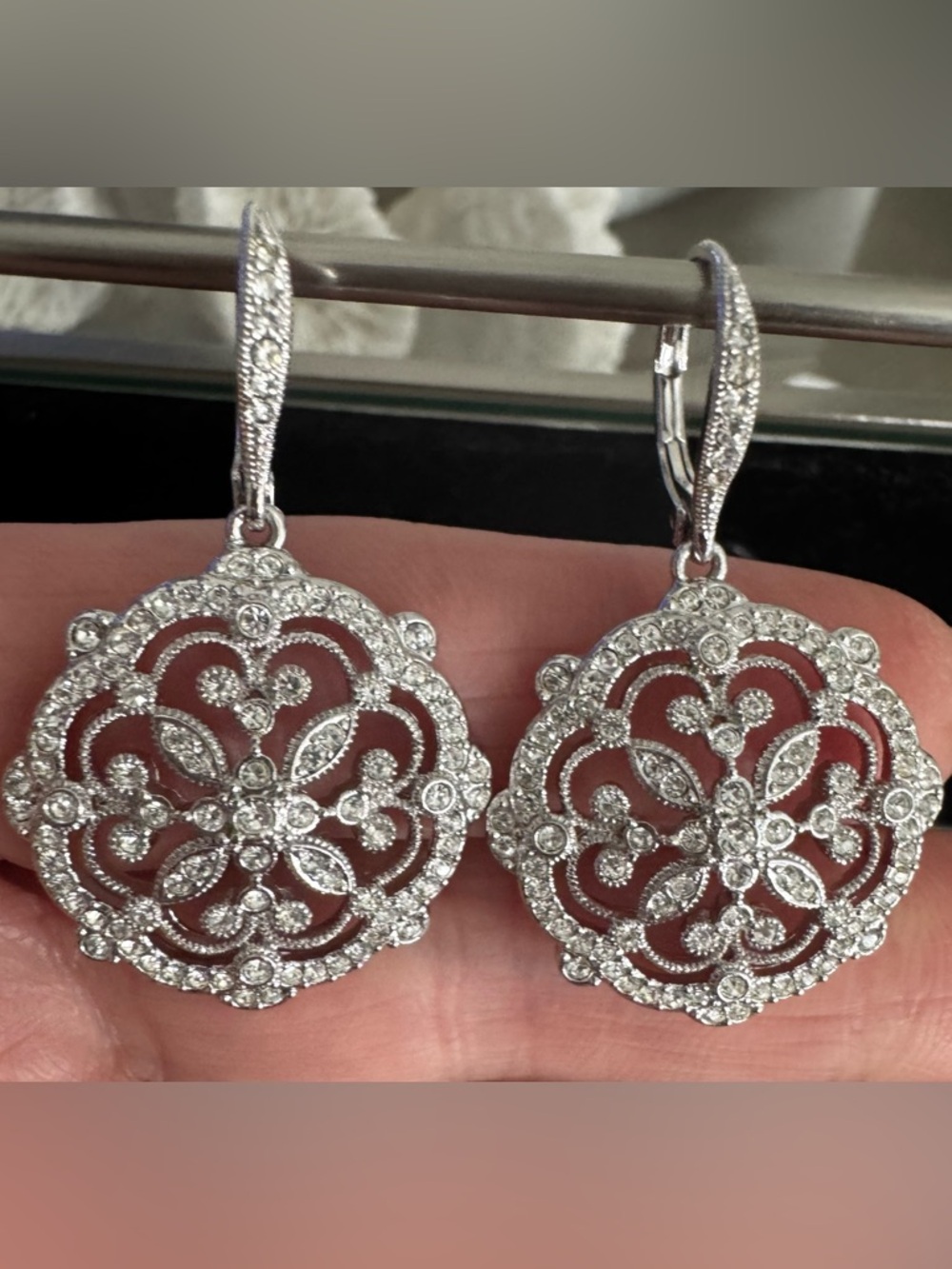 Nadri Brand Silver Crystal Filigree Drop Earrings - Elegant Women Jewelry